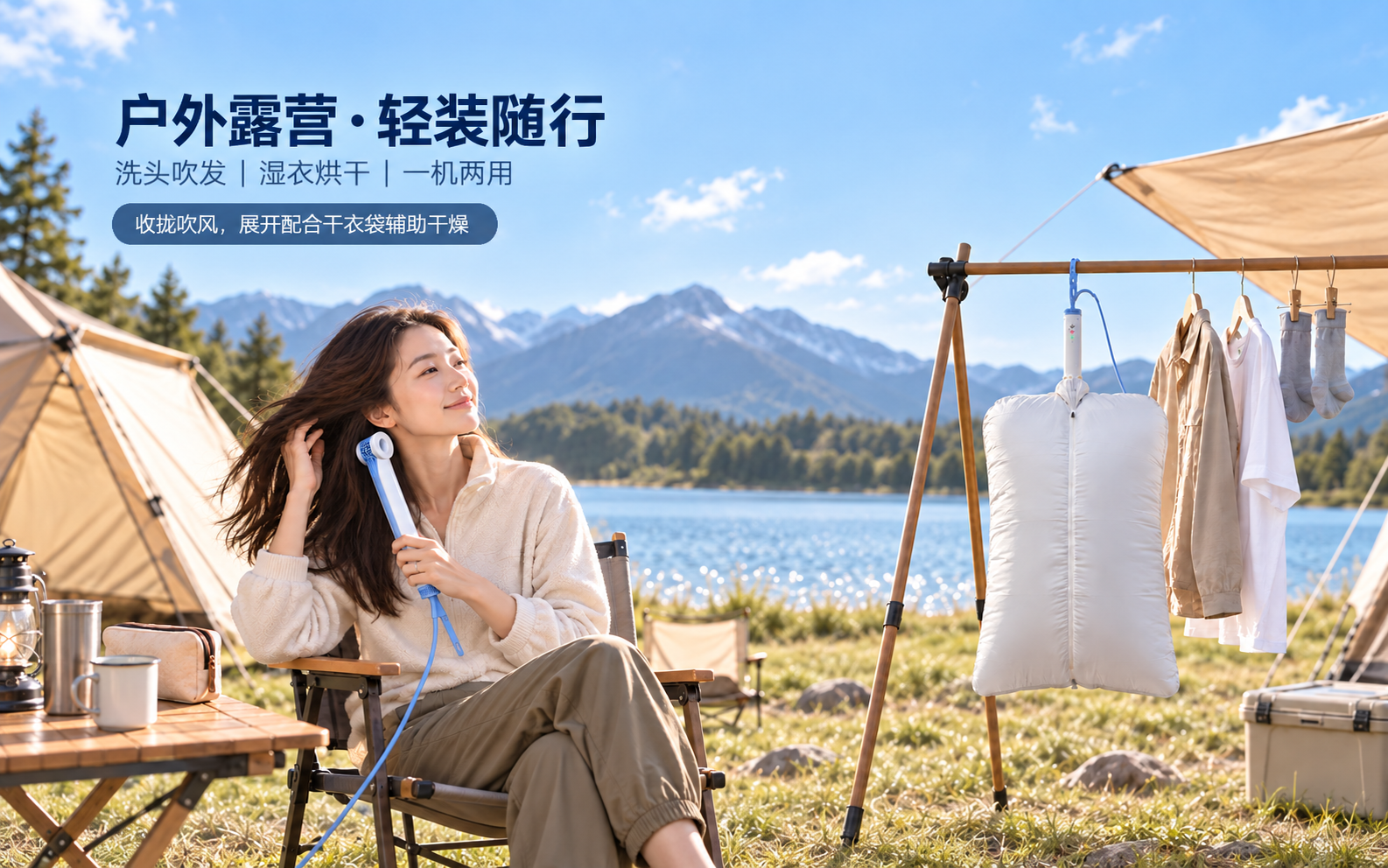户外露营吹风与干衣场景